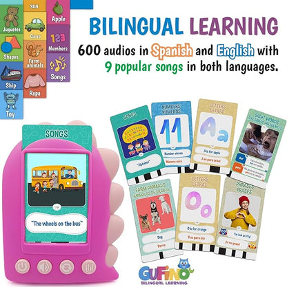GUFINO Learning Toys for Toddlers 1-3 – Pink Bilingual Toys in Spanish and English with Sight Words Flash Cards 1st Grade and Older – Juguetes para Niñas de 3 Años. Early Language Development