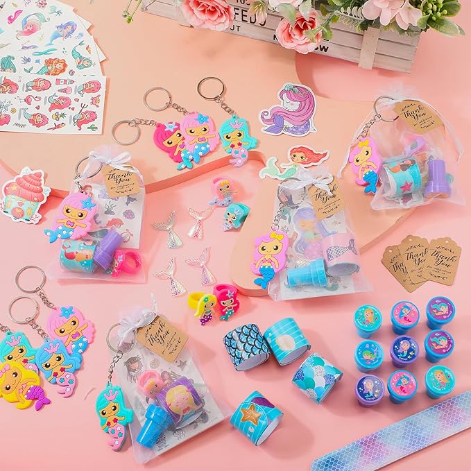 Hungdao 178 Pcs Mermaid Birthday Party Favors for 16 Kids with Keychain Sticker Stamp Ring Slap Bracelet Tattoo Sticker Gift Bag Tag For Summer Swimming pool Beach Party Carnival