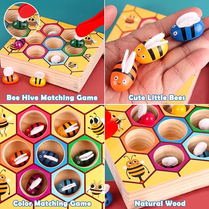 Montessori Toys for 3 Year Old, Toddler Fine Motor Skill Toy, Bee to Hive Matching Game, Color Sorting Matching Toy, Preschool Educational Learning Gift