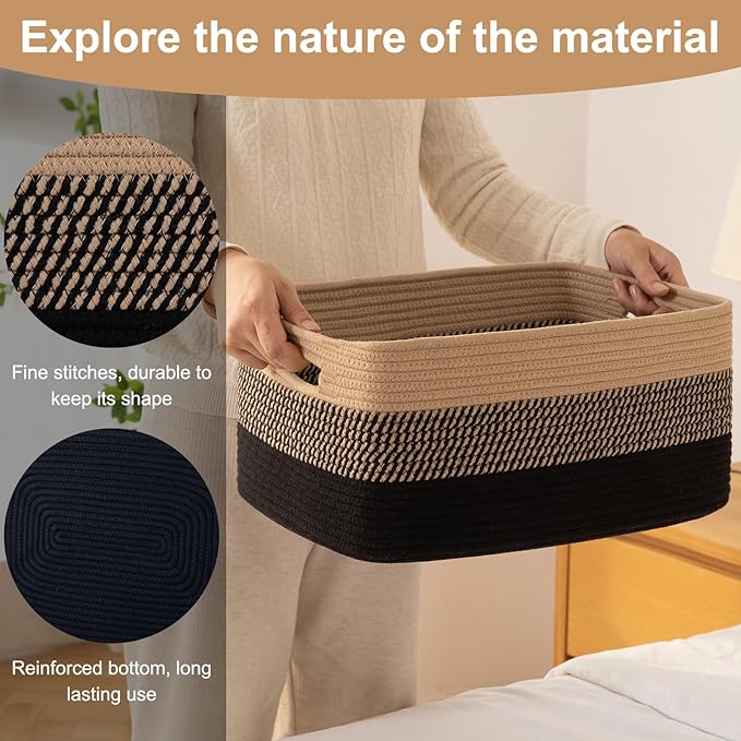 OIASKET Large Storage Basket for Organizing, Woven Rope Basket for Shelves, Closet Organizer Bins for Clothes, Blanket, Toys, Baby Nursery Storage, 17.7" x 13" x 7.87", 2 Packs Black & Brown