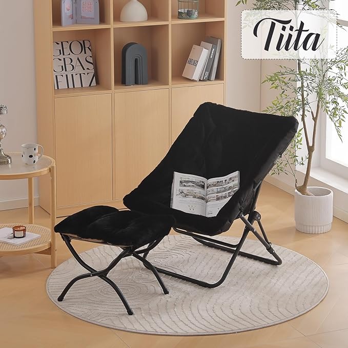 Tiita Saucer Chair with Ottoman, Soft Faux Fur Oversized Folding Accent Chair,Lounge Lazy Chair, Metal Frame Moon Chair for Bedroom, Living Room, Dorm Rooms, Garden and Courtyard