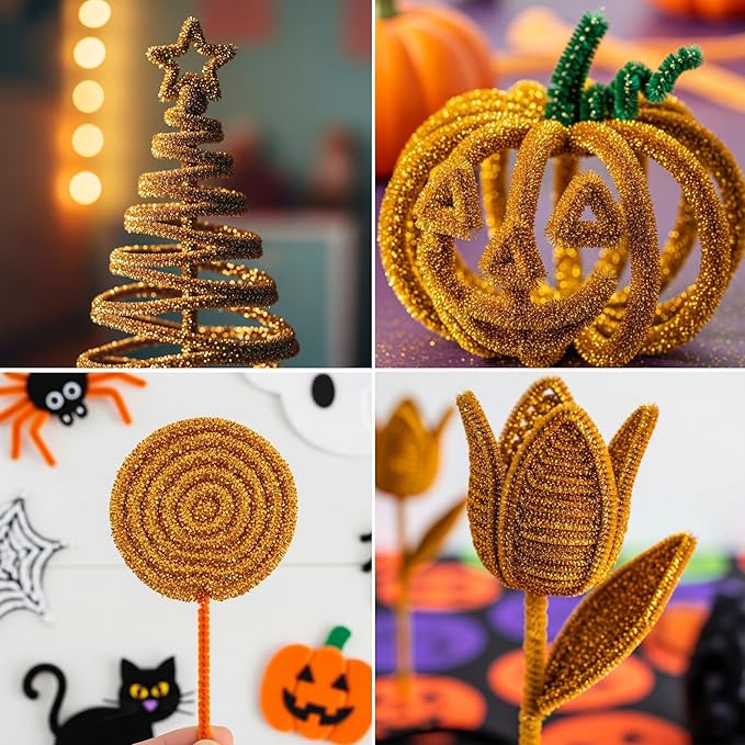 Caydo 200 Pieces Glitter Golden Pipe Cleaners, Thick Fluffy Chenille Stems, Pipe Cleaner Crafts for Arts & Crafts, Perfect for Making Animals, Flowers, and Mother's Day Decorations