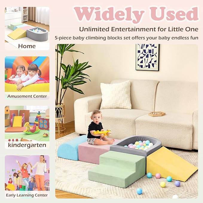 Climbing Toys for Toddlers 1-3, Foam Climbing Blocks and Ball Pit for Baby, 5-Piece Soft Foam Toddlers Climbing Toys,Climbing Crawling Toys Soft Foam Blocks Activity Play Set(Balls not Included)
