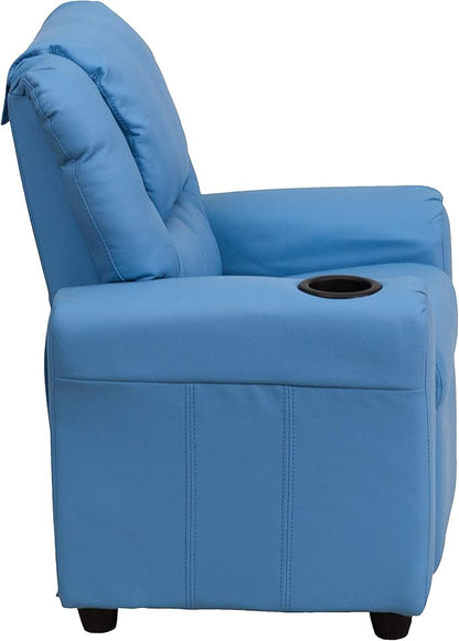 Flash Furniture Vana Vinyl Kids Recliner with Cup Holder, Headrest, and Safety Recline, Contemporary Reclining Chair for Kids, Supports up to 90 lbs., Light Blue