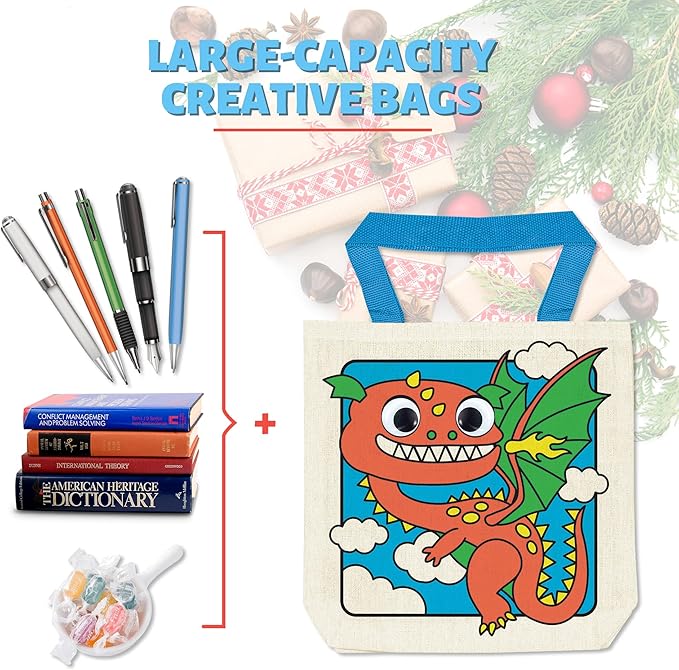 8 Pieces Kids Coloring Goodie Bags, Reusable Canvas Bag, Cute Art Party Favors, Color Your Own Bags for DIY Painting Birthday Carnival Celebration, Party Supplies Gift, Boys