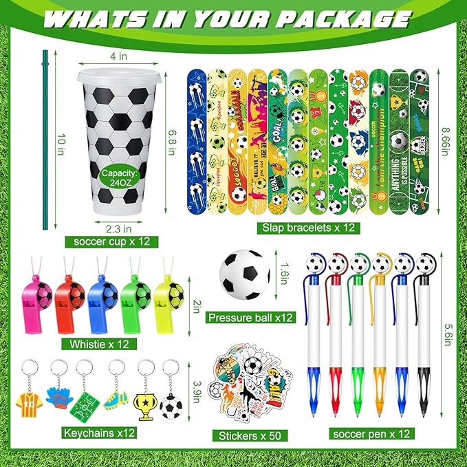 122 Pcs Soccer Party Favors Set Soccer Goodie Bags Stuffers Includes Cups with Straw Mini Stress Ball Keychains Slap Bracelets Whistles Stickers Pens for Birthday Party Supplies