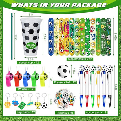 122 Pcs Soccer Party Favors Set Soccer Goodie Bags Stuffers Includes Cups with Straw Mini Stress Ball Keychains Slap Bracelets Whistles Stickers Pens for Birthday Party Supplies