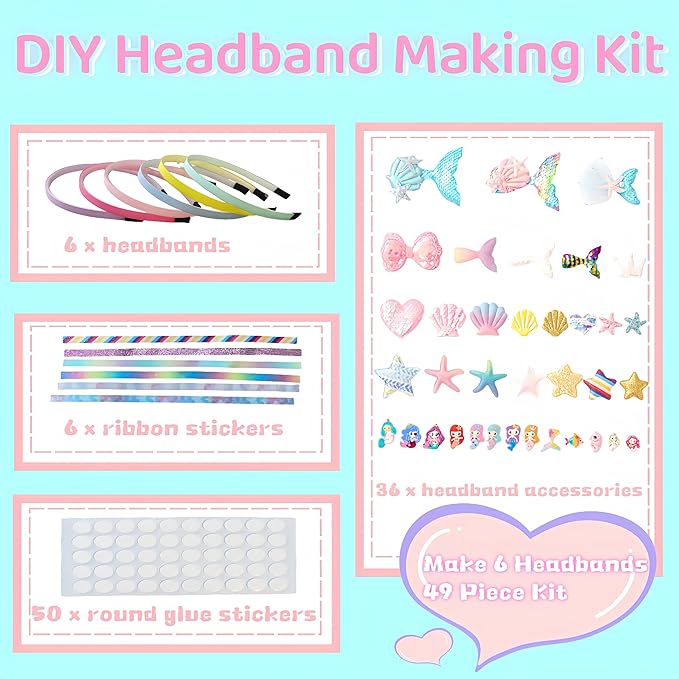 Girls Toy Mermaid Headband Craft for 4-8, Kids DIY Toy Hair Accessories Chrismas Crafts Gifts Set for 4 5 6 7 8 9 10 Years Old Girl Art Craft Sets, Birthday Gift Christmas Stock Stuff for Girls