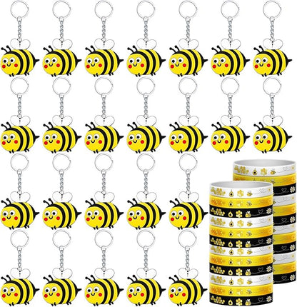 48 Pieces Cute Bee Keychain Bee Rubber Bracelets Bee Birthday Party Favors Honey Bee Silicone Wristband Bee Party Decorations for Birthday Supplies