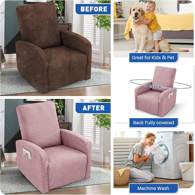 MAXIJIN Waterproof Small Recliner Chair Covers 3 Pieces Recliner Cover That Stay in Place, Lazy Boy Recliner Slipcovers with Pockets Reclining Protector for Pet (Small Recliner, Dusty Pink)