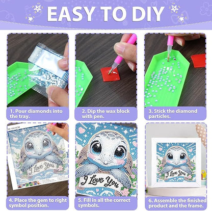 hkejoi Turtle Diamond Art Painting Kits for Kids with Frame, Cartoon Diamond Art for Kids Ages 4-6-8-12, Easy Kids Gem Art Kit with Cartoon Box for Home Wall Decor 7x7inch