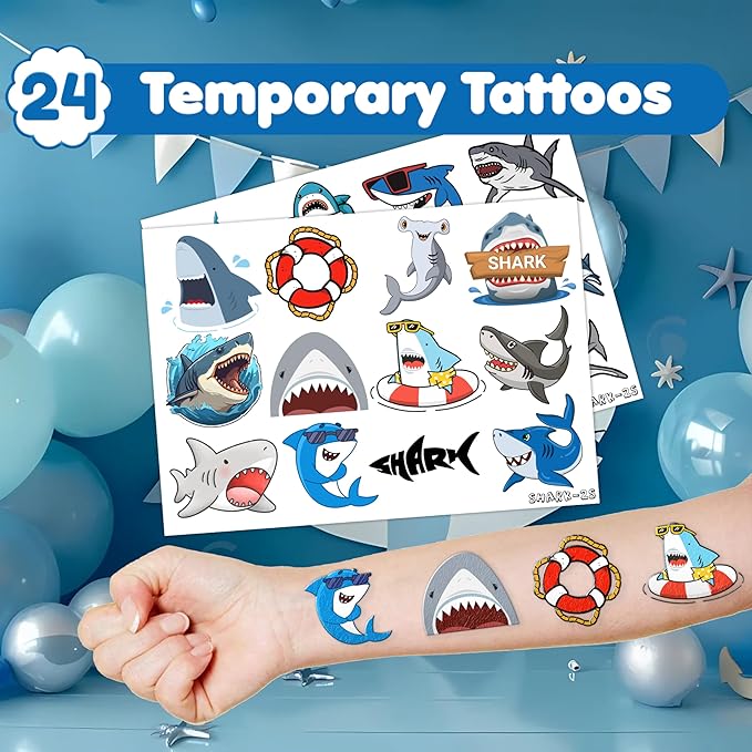 48PCS Shark Party Favors - 24PCS Tattoos & 24PCS Slap Bracelets - Ocean-Themed Birthday Supplies, Undersea Decorations, Classroom Prizes, Gifts for Boys & Girls