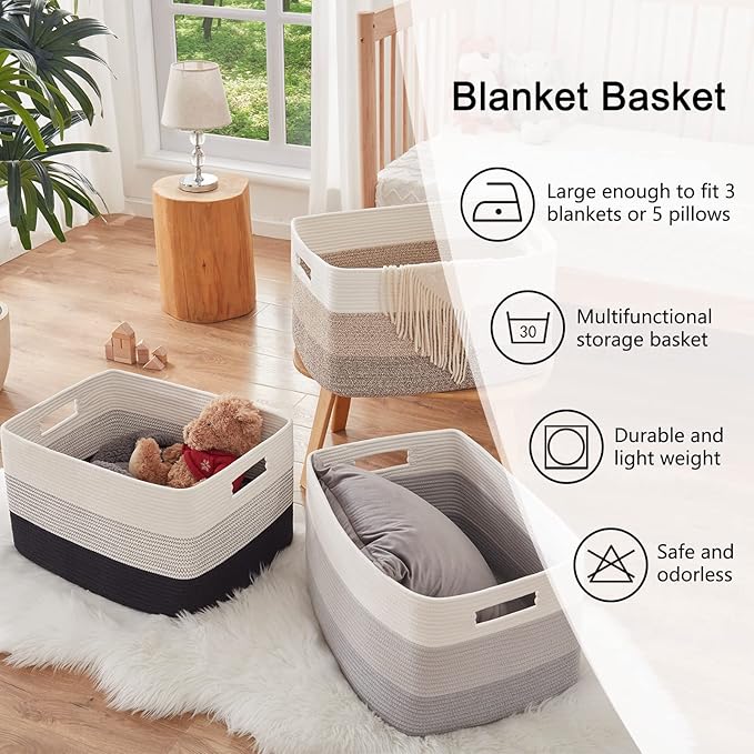 OIAHOMY Large Blanket Basket, 22”x17”x12” Rectangle Woven Baskets, Nursery Blanket Storage Living Room, Toy Storage With Handle, Large Baskets for Organizing-Gradient Yellow