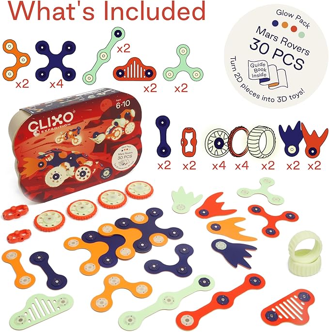 Clixo Mars Rover Pack - Glow-in-The-Dark Wheels Magnetic Building Toy - 30 Flexible Magnet Pieces for Galactic Exploration & Adventure. Award-nominated STEM Toy. Kids Gift & Travel Toy. Ages 6+ [New]
