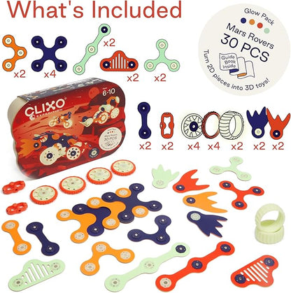 Clixo Mars Rover Pack - Glow-in-The-Dark Wheels Magnetic Building Toy - 30 Flexible Magnet Pieces for Galactic Exploration & Adventure. Award-nominated STEM Toy. Kids Gift & Travel Toy. Ages 6+ [New]
