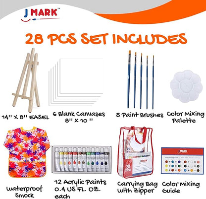 J MARK Ultimate Kids Paint Set – Complete Acrylic Paint Set for Kids, Includes Washable Paints, Storage Bag, Wood Easel, Canvas and More