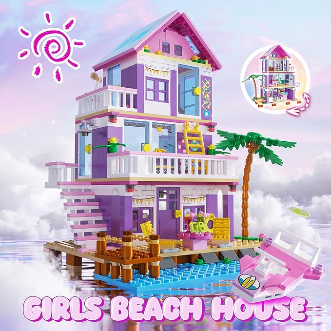 Beach House Building Sets, Seaside Villa House Building Toys Compatible with Lego Friends Sets for Girls Age 8-12, Creative Holiday Cottage Building Kit, Gift for Christmas, Valentine's Day, Party
