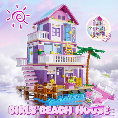 Beach House Building Sets, Seaside Villa House Building Toys Compatible with Lego Friends Sets for Girls Age 8-12, Creative Holiday Cottage Building Kit, Gift for Christmas, Valentine's Day, Party