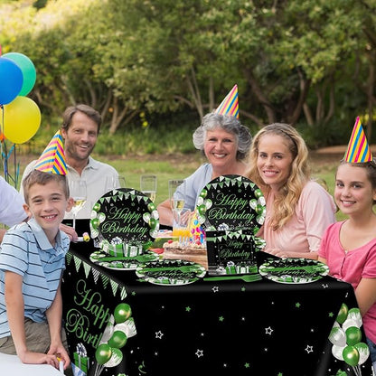 Green Happy Birthday Party Supplies Green Silver Black Party Tableware Includes Confetti Sprinkles Plates Napkins Fork and Green Birthday Tablecloth for Birthday Parties Decorations Set Serve 20