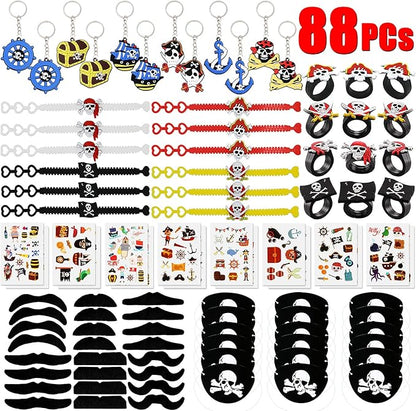 HLenyoy 88 PCs Pirate Party Supplies Favors Pirate Keychain Rings Bracelets Pirate Eye Patch Mustache Tattoos Stickers Pirate Party Favors Decoration