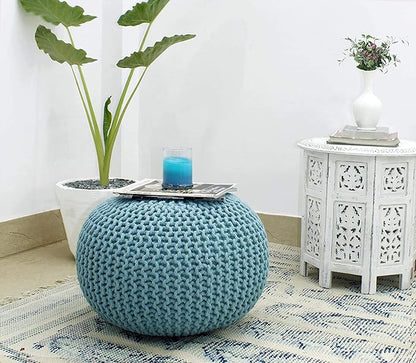 The Home Talk Ottoman Floor Poufs for Living Room Hand Knitted Foot Rest Comfortable Pouffe 100% Cotton Braid Cord Bean Bag for Armchair, Bedroom, Décor, 18"x18"x14", Turquoise