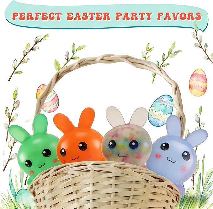 Easter Basket Stuffers,Easter Basket Essentials,4pcs Squishy Easter Bunny Stress Balls for Adults,Easter Stress Relief Fidget Balls,Easter Party Favors Easter Basket Ideas Gifts