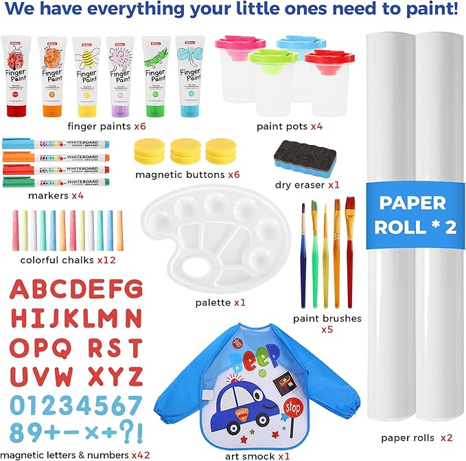 All-in-One Art Easel for Kids with 2 Paper Rolls & Deluxe Accessories, Adjustable Magnetic Double Sided Whiteboard & Chalkboard, Painting Kid Easel for Toddlers 2-8, Ideal Christmas Gift