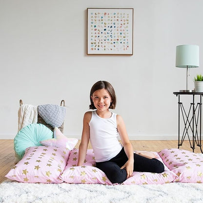 Wildkin Kids Floor Lounger: Ideal for Boys and Girls, Travel-Friendly, Perfect for Sleepovers - Pillow Lounger for Kids, Requires Standard Size Pillows Not Included (Pink and Gold Stars)