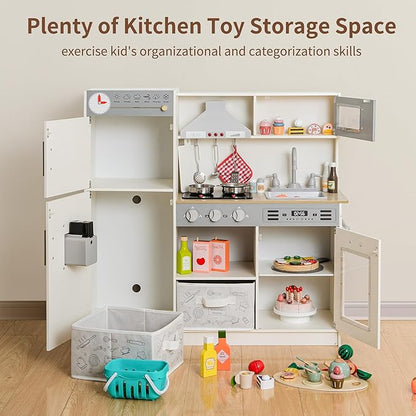 Play Kitchen Pretend Wooden Kids Kitchen Playset Toy Kitchen with Real Sound & Light and Toy Storage System and 12 Pcs Toddler Kitchen Accessories, for Boys and Girls Ages 3+,White Grey