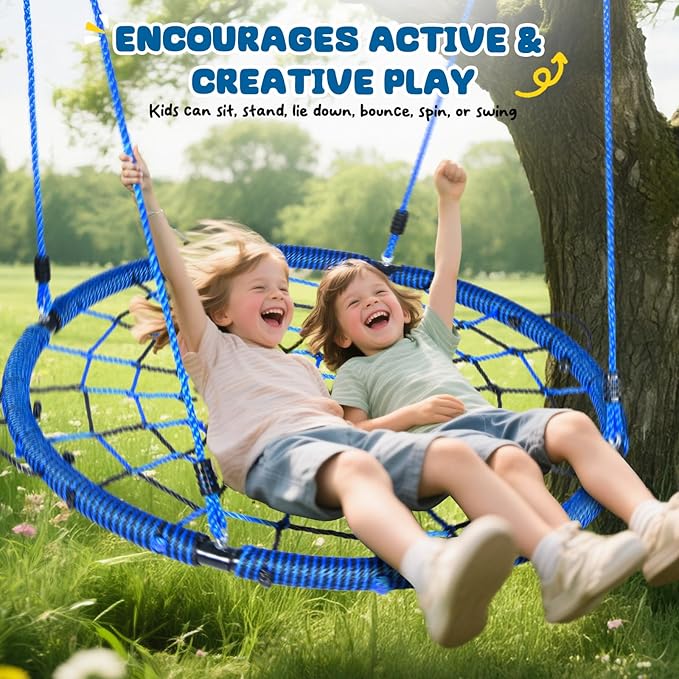 Trekassy 750lbs 40“ Spider Web Saucer Tree Swing for Kids Adults, Outdoor Net Swing with Steel Frame and 2 Hanging Straps-Blue+Black (Patented)