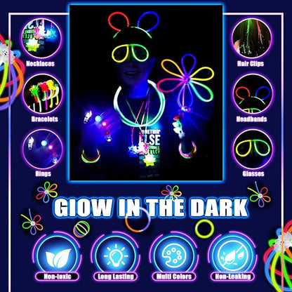 Glow in the Dark Party Supplies for Kids Adults, Light Up Party Favors with 57 LED Light Up Toys, 100 Glow Sticks Bulk DIY Glow Necklaces Glasses Bracelets Headband, Neon Party Supplies & Decorations