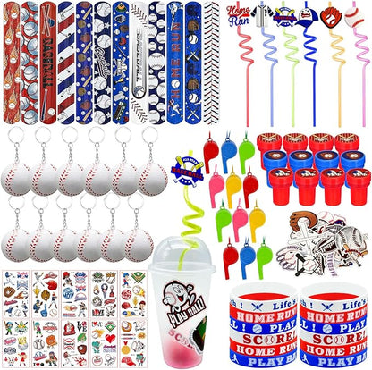 146 Pcs Baseball Party Favors, Sports Party Supplies with Cup Straw Baseballl Keychain Tattoo Sticker Slap Bracelet Whistle Treat Bag Gifts for Classroom Rewards Sports Birthday Party (Baseball)