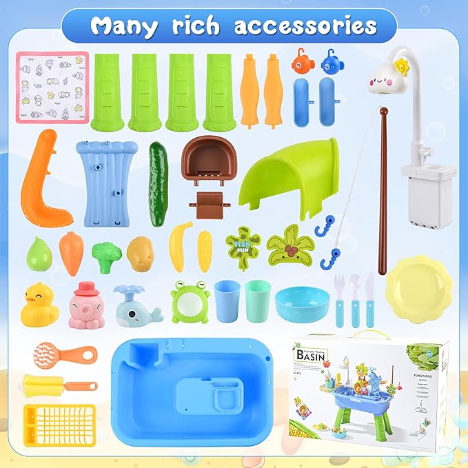 Upgraded Toddler Sand Water Table Toy with Electric Water Pump, Kids Sand Water with Faucet/Play Food Accessories/Fishing Toy, Kitchen Play Sink Toys for Girl Boy Age 3+ (Blue)