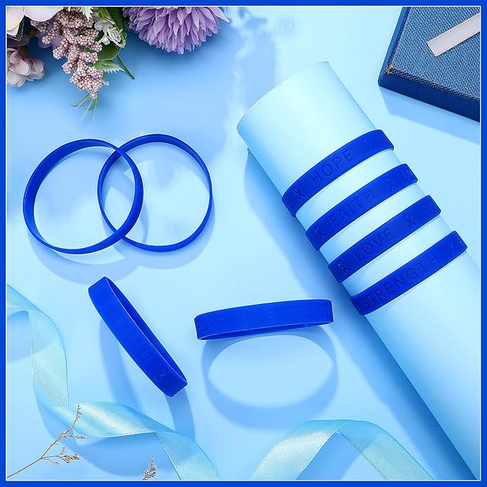 Bucherry Child Abuse Awareness Colon Cancer Bracelets Bulk Blue Ribbon Awareness Bracelets Rubber Wristband Embossed Silicone Bracelet for Public Party Favors Girls Boys Child