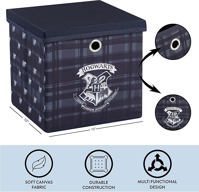 Harry Potter Collapsible Storage Cube with Removable Lid,10” x 10” x 10” Fabric Organizer Bin for Kids Bedroom, Closet or Playroom Décor