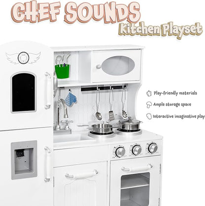 Sunnydaze Chef Sounds Interactive Play Kitchen for Kids - Wooden Kitchen Playset with Lights, Sounds, and Accessories - White