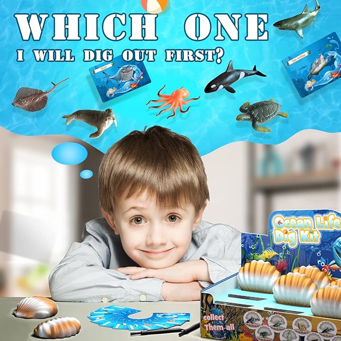 EARTH'SCODE Ocean Animals Dig Kit, Seashell Excavation Dig Bricks, Science Educational Gift for Kids