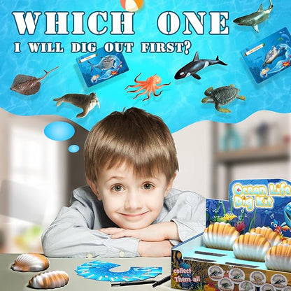 EARTH'SCODE Ocean Animals Dig Kit, Seashell Excavation Dig Bricks, Science Educational Gift for Kids