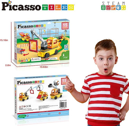 PicassoTiles Magnet Tile Building Blocks 3-in-1 Crane, Dump Truck, and Ladder Construction Vehicle Brick Compatible Magnetic Tiles Toy Set with Car Base Character Action STEM Learning Kit Age 3+ PTU03