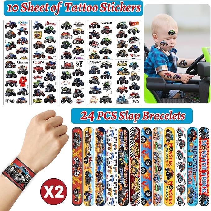 Monster Truck Party Favors 24 Pcs Monster Truck Slap Bracelets 80 Pcs Monster Truck Tattoos Monster Truck Birthdays Party Supplies Decorations Gifts for Kids Boys Classroom Rewards