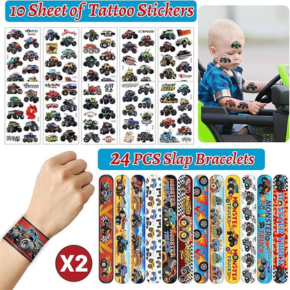Monster Truck Party Favors 24 Pcs Monster Truck Slap Bracelets 80 Pcs Monster Truck Tattoos Monster Truck Birthdays Party Supplies Decorations Gifts for Kids Boys Classroom Rewards