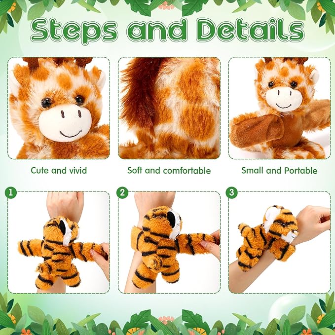 6 Pack Stuffed Animal Slap Bracelets Plush Animal Snap Bracelets Cute Wrist Slap Band Toy Wrist Animals Wrist Pets Slap Bracelet Wrist Toy for Kids Boys Girls Birthday Gifts Party Favors