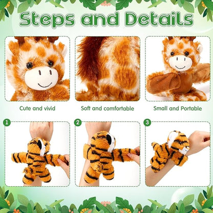 6 Pack Stuffed Animal Slap Bracelets Plush Animal Snap Bracelets Cute Wrist Slap Band Toy Wrist Animals Wrist Pets Slap Bracelet Wrist Toy for Kids Boys Girls Birthday Gifts Party Favors