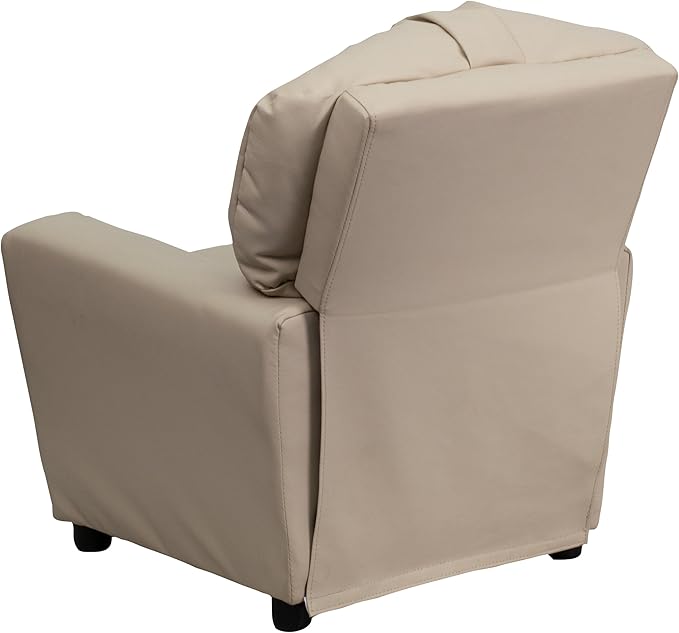 Flash Furniture Chandler Vinyl Kids Recliner with Cup Holder and Safety Recline, Contemporary Reclining Chair for Kids, Supports up to 90 lbs., Beige