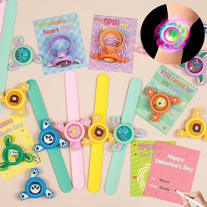 Valentines Day Gifts for Kids, 24 Pack LED Light Up Fidget Spinner Slap Bracelets with Valentines Cards for Kids Classroom School Exchange, Party Favors for Kids 4-8-12 Glow in the Dark Party Supplies