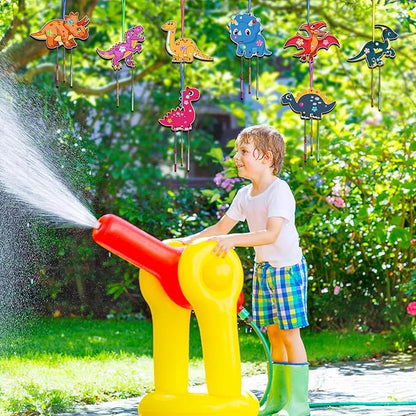 Fennoral 10 Pack Dinosaur Wind Chime Kit for Kids Make Your Own Dinosaur Wind Chime Wooden Arts and Crafts for Girls Boys DIY Coloring Art Activity for Dinosuar Themed Birthday Party Decoration