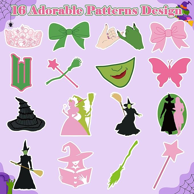 1000Pcs Witch Musical Stickers, Pink Crown Black Hat Green Broom Adhesive Decals for Kids Girls, Wicky Witch TV Movie Merchandise Party Decoration for Birthday Gifts Laptop Guitar Luggage