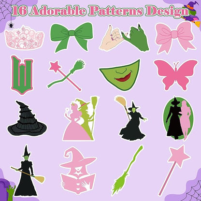 1000Pcs Witch Musical Stickers, Pink Crown Black Hat Green Broom Adhesive Decals for Kids Girls, Wicky Witch TV Movie Merchandise Party Decoration for Birthday Gifts Laptop Guitar Luggage