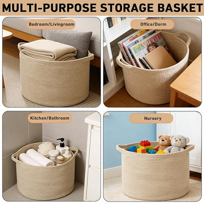 90L Large Blanket Basket, 21.7"x 21.7"x 13.8" Rope Woven Storage Basket with Handles, Laundry Hamper for Toys, Clothes, Pillows & Towels, Perfect for Living Room, Nursery & Bedroom,Camel