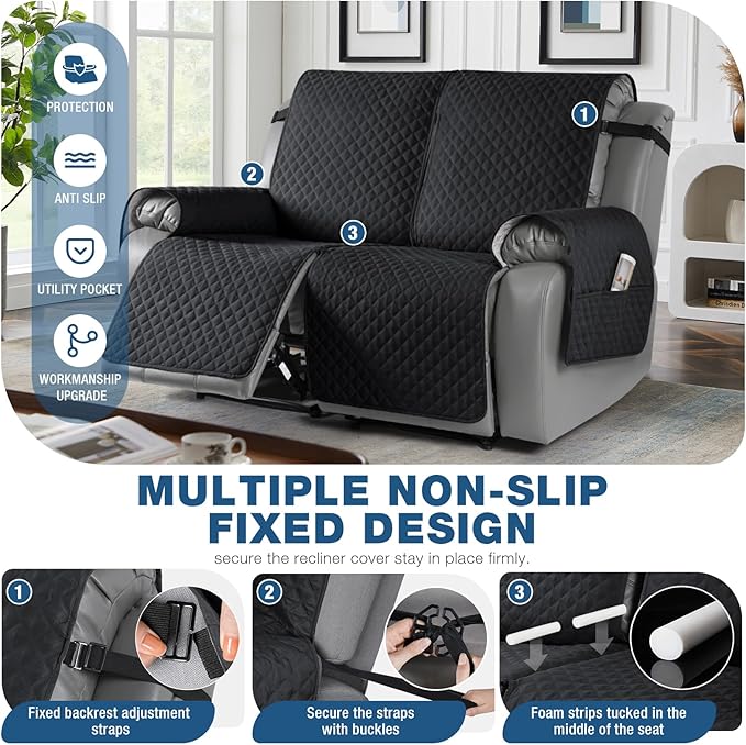 TAOCOCO Waterproof Recliner Loveseat Cover Non-Slip Sofa Slipcover, Pet Couch Cover for Loveseat Recliner with Straps, Washable Reclining Loveseat Cover Furniture Protector (2 Seater, Black)